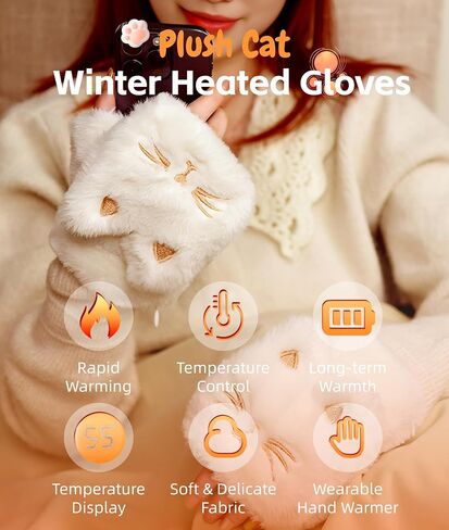 Yoidesu Cute Electric Heated Gloves for Women Girls, Wearable Hand Warmer, 3000mAh Battery Fingerless Plush Cat Winter Heating Warming Gloves, New Year Christmas Birthday Gifts for Girls in Saudi Arabia