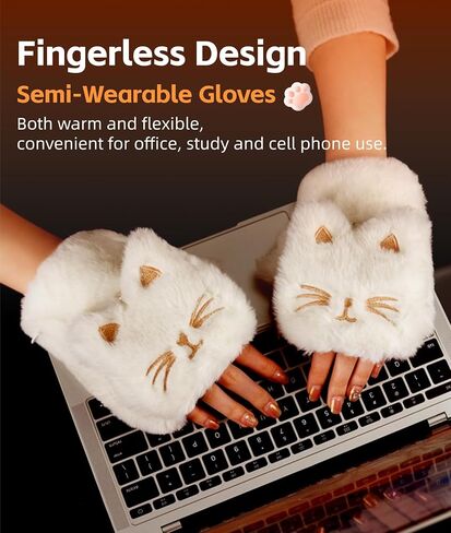 Yoidesu Cute Electric Heated Gloves for Women Girls, Wearable Hand Warmer, 3000mAh Battery Fingerless Plush Cat Winter Heating Warming Gloves, New Year Christmas Birthday Gifts for Girls in Saudi Arabia