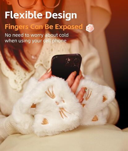 Yoidesu Cute Electric Heated Gloves for Women Girls, Wearable Hand Warmer, 3000mAh Battery Fingerless Plush Cat Winter Heating Warming Gloves, New Year Christmas Birthday Gifts for Girls in Saudi Arabia