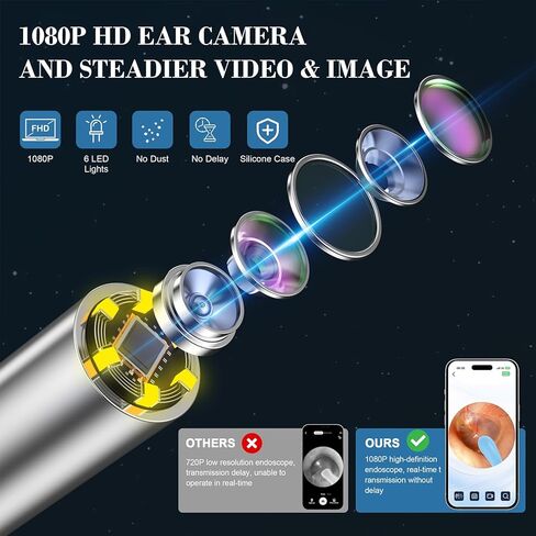 كاميرا أداة إزالة شمع الأذن، منظف الأذن مع 6 مصابيح LED ونصائح بديلة، طقم تنظيف الأذن HD 1080P مع منظار الأذن in Kuwait