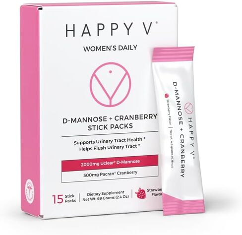 Happy V D-Mannose + Cranberry Stick Packs | Dr Formulated Urinary Tract Support Supplement | D Mannose Supplements for Women - Bladder Support - Promotes Urinary Comfort - 15 Stick Packs in Saudi Arabia