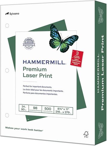 Hammermill Premium Laser Print 8.5-inch x 11-inch 3-Hole Punched Multipurpose Paper, 24 lbs., 98 Brightness, 500 Sheets/Ream (107681) in Saudi Arabia