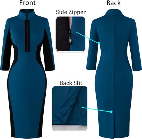 VFSHOW Womens Professional Work Business Casual Office Front Zipper Colorblock Fitted Pencil Sheath Dress in Saudi Arabia