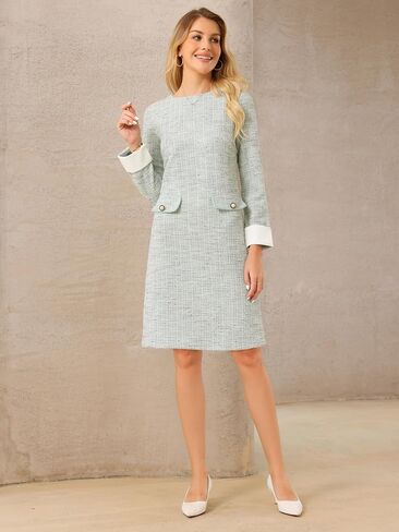 Women's Tweed Dress Formal Work Long Sleeve Sheath Dresses in Kuwait