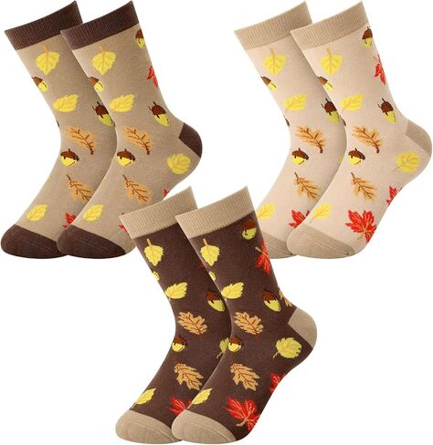 JenPen 3 Pairs Fall Crew Socks Autumn Maple Leaf Acorn Novelty Crew Socks Breathable Knit Cotton for Women Fall Autumn in Saudi Arabia