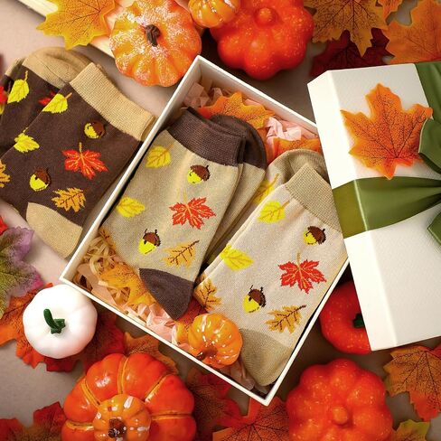 JenPen 3 Pairs Fall Crew Socks Autumn Maple Leaf Acorn Novelty Crew Socks Breathable Knit Cotton for Women Fall Autumn in Saudi Arabia