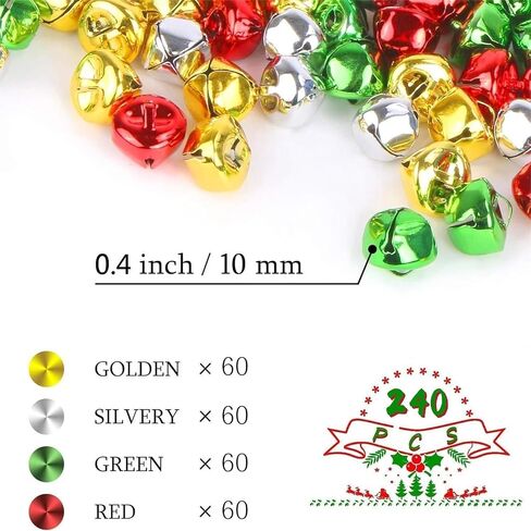 Augshy 240 Pieces Jingle Bells 4 Colors Mixed Craft Bell Bulk for Christmas Home and Pet Decorations Xmas Decor Party Favors Supplies (0.3/0.4/0.47 inch) in Saudi Arabia