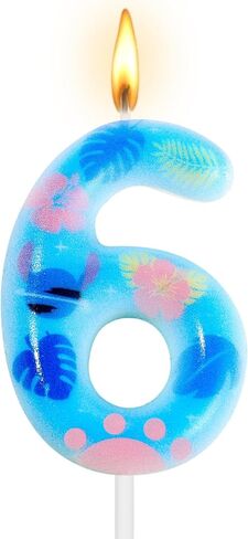 Number 6 Birthday Candle Cartoon Blue Pink Anime Themed Numeral Candle Hibiscus Flower Monstera Leaves Cake Topper for Kids Birthday Hawaii Party Favor Decoration Supplies in Saudi Arabia