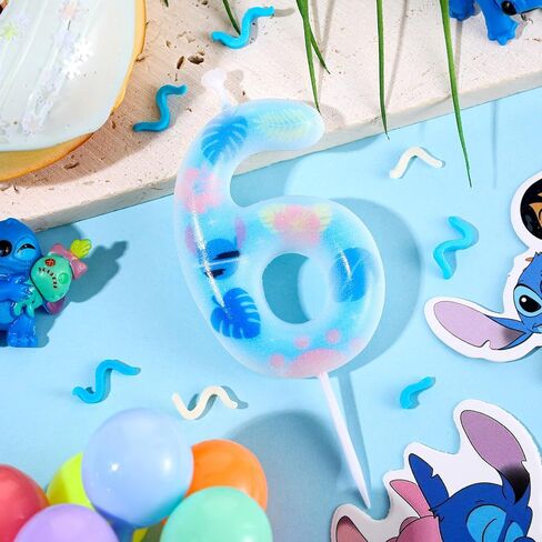 Number 6 Birthday Candle Cartoon Blue Pink Anime Themed Numeral Candle Hibiscus Flower Monstera Leaves Cake Topper for Kids Birthday Hawaii Party Favor Decoration Supplies in Saudi Arabia