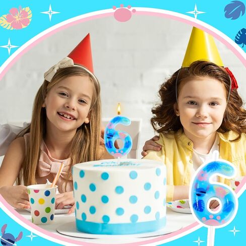 Number 6 Birthday Candle Cartoon Blue Pink Anime Themed Numeral Candle Hibiscus Flower Monstera Leaves Cake Topper for Kids Birthday Hawaii Party Favor Decoration Supplies in Saudi Arabia