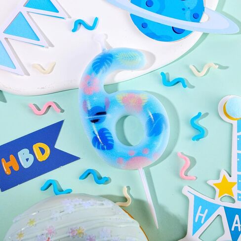 Number 6 Birthday Candle Cartoon Blue Pink Anime Themed Numeral Candle Hibiscus Flower Monstera Leaves Cake Topper for Kids Birthday Hawaii Party Favor Decoration Supplies in Saudi Arabia