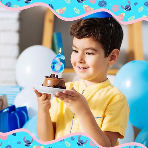 Number 6 Birthday Candle Cartoon Blue Pink Anime Themed Numeral Candle Hibiscus Flower Monstera Leaves Cake Topper for Kids Birthday Hawaii Party Favor Decoration Supplies in Saudi Arabia