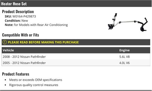 Heater Hose Set - Compatible with 2005-2012 Nissan Pathfinder (For Models with Rear Air Conditioning Only) in Saudi Arabia
