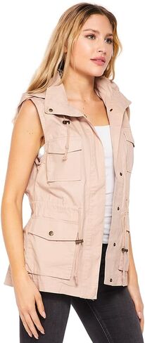 PacificPlex Womens Sleeveless Hooded Anorak Cotton Cargo Utility Safari Military Snap Fashion Vest w/Pockets in Saudi Arabia