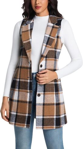 IDEALSANXUN Womens Long Wool Plaid Vest Fall Winter Sleeveless Blazer Jackets Trench Coat in Saudi Arabia