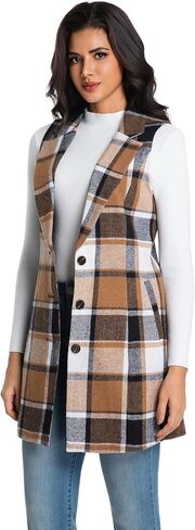 IDEALSANXUN Womens Long Wool Plaid Vest Fall Winter Sleeveless Blazer Jackets Trench Coat in Saudi Arabia