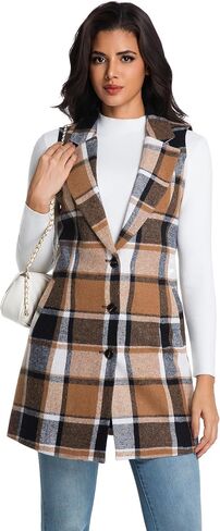 IDEALSANXUN Womens Long Wool Plaid Vest Fall Winter Sleeveless Blazer Jackets Trench Coat in Saudi Arabia