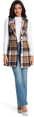 IDEALSANXUN Womens Long Wool Plaid Vest Fall Winter Sleeveless Blazer Jackets Trench Coat in Saudi Arabia