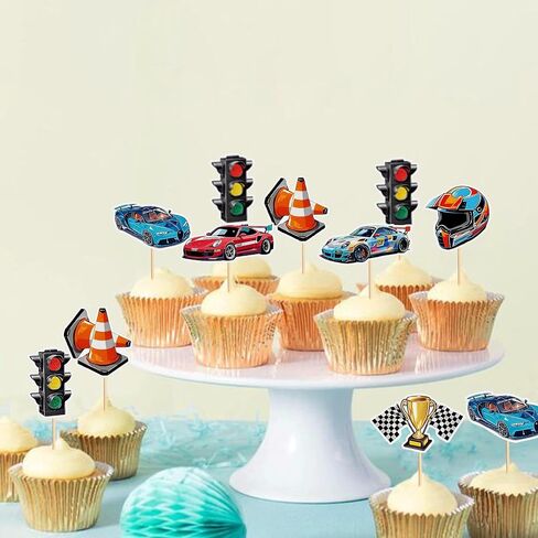 48 PCS Race Car Cupcake Toppers, Car Party Decoration Birthday Party Supplies, Car Themed Party Supplies Are The Most Popular, Boys and Girls' Birthday Party Cake Decoration in Kuwait