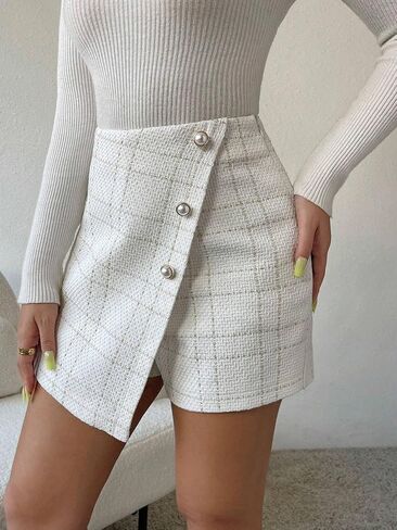 Womens' Plaid Button Front Skort, Casual Short Pants for Women in Saudi Arabia
