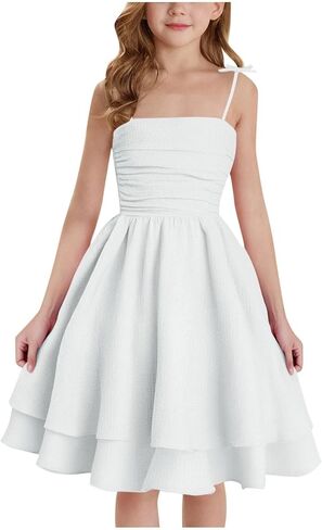 Girl's Smocked Ruched A Line Swing Dress Teens Layered Tie Shoulder Flowy Dress Kids Summer Spaghetti Strap Beach Skirts in Kuwait