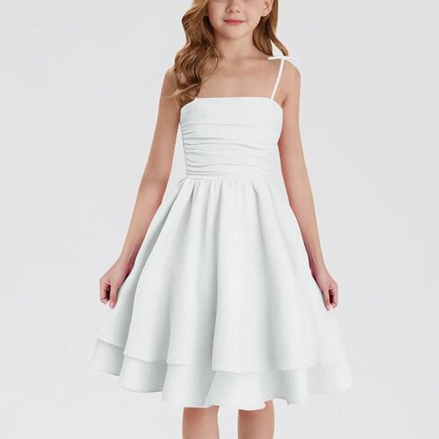Girl's Smocked Ruched A Line Swing Dress Teens Layered Tie Shoulder Flowy Dress Kids Summer Spaghetti Strap Beach Skirts in Kuwait