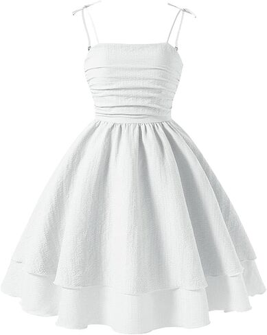 Girl's Smocked Ruched A Line Swing Dress Teens Layered Tie Shoulder Flowy Dress Kids Summer Spaghetti Strap Beach Skirts in Kuwait