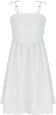 Girl's Smocked Ruched A Line Swing Dress Teens Layered Tie Shoulder Flowy Dress Kids Summer Spaghetti Strap Beach Skirts in Kuwait