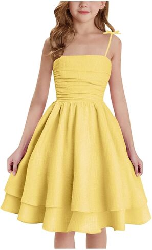 Girl's Smocked Ruched A Line Swing Dress Teens Layered Tie Shoulder Flowy Dress Kids Summer Spaghetti Strap Beach Skirts in Saudi Arabia