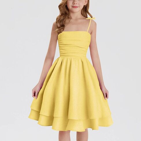 Girl's Smocked Ruched A Line Swing Dress Teens Layered Tie Shoulder Flowy Dress Kids Summer Spaghetti Strap Beach Skirts in Saudi Arabia