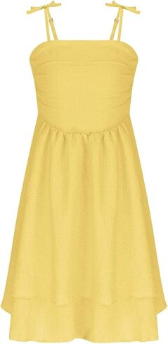 Girl's Smocked Ruched A Line Swing Dress Teens Layered Tie Shoulder Flowy Dress Kids Summer Spaghetti Strap Beach Skirts in Saudi Arabia