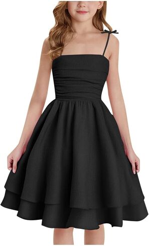 Girl's Smocked Ruched A Line Swing Dress Teens Layered Tie Shoulder Flowy Dress Kids Summer Spaghetti Strap Beach Skirts in Kuwait