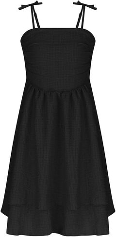 Girl's Smocked Ruched A Line Swing Dress Teens Layered Tie Shoulder Flowy Dress Kids Summer Spaghetti Strap Beach Skirts in Kuwait