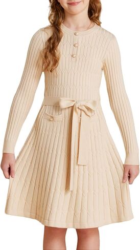 GRACE KARIN Girls Dress Fall Winter Sweater Long Sleeve Cable Knit Button Casual Dresses for Teen Girl 6-14Y in Saudi Arabia