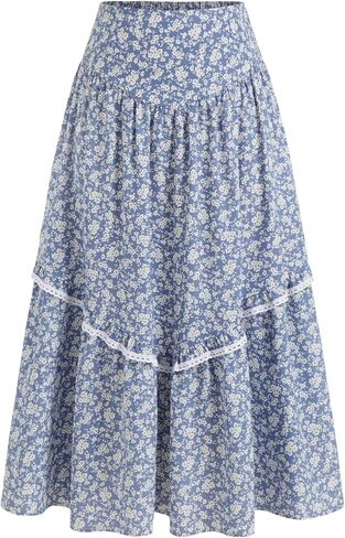 تنانير CIDER للنساء تنورة طويلة مطبوعة بالورود تنورة بوهيمية واسعة بخصر متوسط ​​وكشكشة تنورة طويلة إغلاق بالسحب in Kuwait