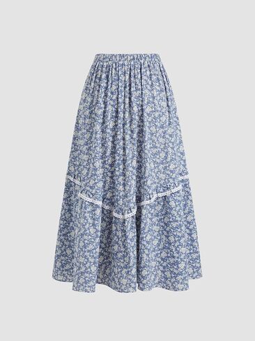 تنانير CIDER للنساء تنورة طويلة مطبوعة بالورود تنورة بوهيمية واسعة بخصر متوسط ​​وكشكشة تنورة طويلة إغلاق بالسحب in Kuwait