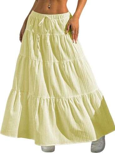 DERAX Women's Boho Flowy Maxi Skirts Elegant Flared Ruffle Hem Elastic High Waisted Summer Fall A Line Long Skirts in Saudi Arabia