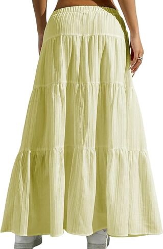 DERAX Women's Boho Flowy Maxi Skirts Elegant Flared Ruffle Hem Elastic High Waisted Summer Fall A Line Long Skirts in Saudi Arabia