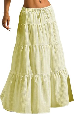 DERAX Women's Boho Flowy Maxi Skirts Elegant Flared Ruffle Hem Elastic High Waisted Summer Fall A Line Long Skirts in Saudi Arabia