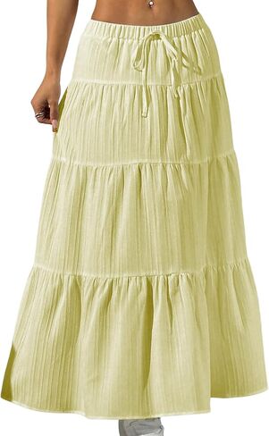DERAX Women's Boho Flowy Maxi Skirts Elegant Flared Ruffle Hem Elastic High Waisted Summer Fall A Line Long Skirts in Saudi Arabia