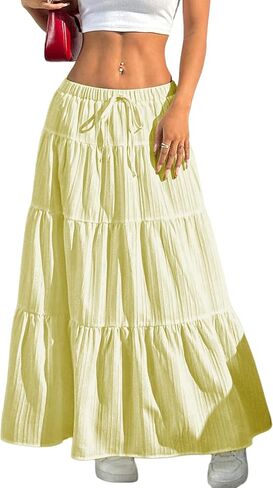 DERAX Women's Boho Flowy Maxi Skirts Elegant Flared Ruffle Hem Elastic High Waisted Summer Fall A Line Long Skirts in Saudi Arabia