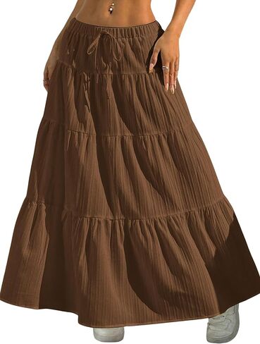 DERAX Women's Boho Flowy Maxi Skirts Elegant Flared Ruffle Hem Elastic High Waisted Summer Fall A Line Long Skirts in Saudi Arabia