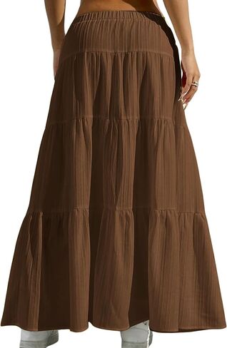 DERAX Women's Boho Flowy Maxi Skirts Elegant Flared Ruffle Hem Elastic High Waisted Summer Fall A Line Long Skirts in Saudi Arabia
