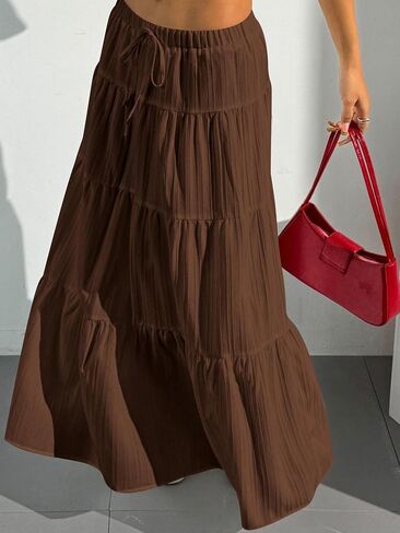 DERAX Women's Boho Flowy Maxi Skirts Elegant Flared Ruffle Hem Elastic High Waisted Summer Fall A Line Long Skirts in Saudi Arabia