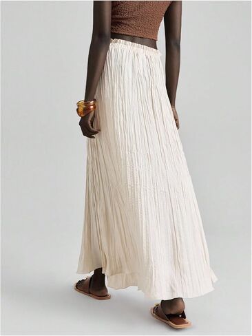 Verdusa Women's Satin Silk Boho Ruffle Flowy Long Skirts Textured Pleated Business Maxi Skirt in Saudi Arabia