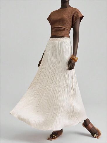 Verdusa Women's Satin Silk Boho Ruffle Flowy Long Skirts Textured Pleated Business Maxi Skirt in Saudi Arabia