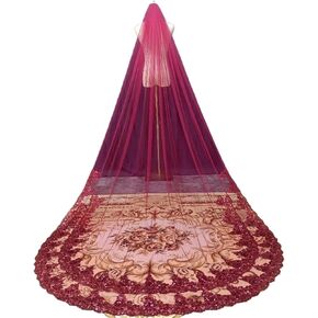 1 Tier Wine Red Bride Veil with Sequins Cathedral Veil Wedding Accessories Metal Comb Girls in Saudi Arabia