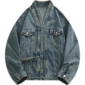 Men’S Asymmetrical Lace-Up Denim Jacket Chinese Style Loose Fit Casual Classic Denim Jacket in Kuwait
