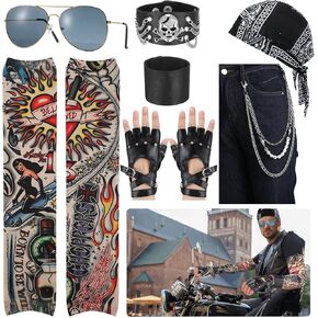مجموعة أزياء mepase 9 قطع لعيد القديسين في الثمانينيات من الروك بانك للرجال، قبعة جمجمة الروك، نظارات شمسية لسائقي الدراجات النارية، أكمام قوطية، قفازات بدون أصابع، أساور معصم، إكسسوارات تنكرية للرجال والنساء البالغين (أنيقة) in Kuwait