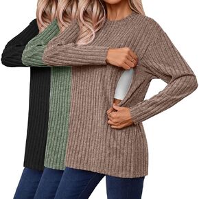3 Pack Women's Nursing Shirts for Breastfeeding Zipper Ribbed Oversized Sweater Cotton Long Sleeve Maternity Tops in Kuwait